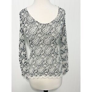 Crystal K Womens Floral Lace Scoop Neck Long Sleeve Pullover Top Gray Size Small